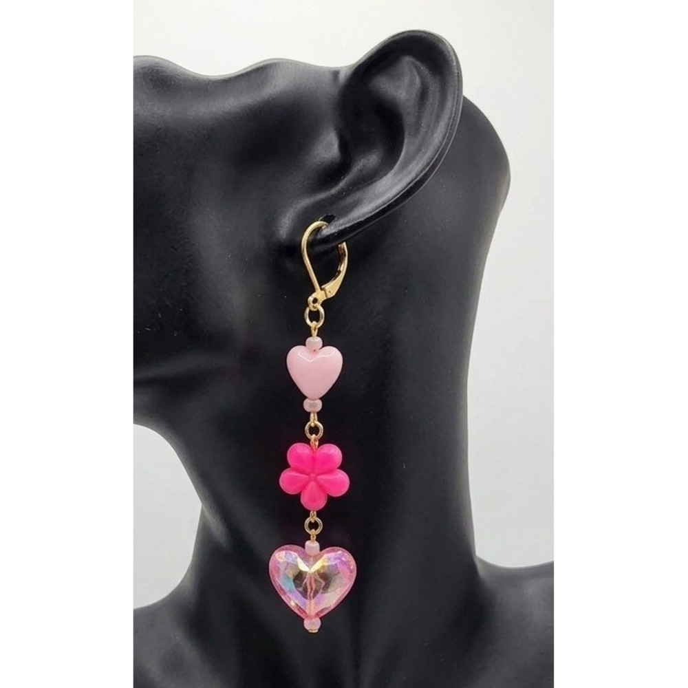 Handmade Earrings Gold Tone Pink Floral Heart Drop Dangle Leverback Kidcore - Picture 3 of 8